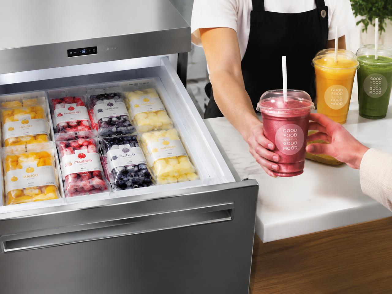 Sachets de fruits surgelés dans un mini-congélateur et smoothies servis à un client